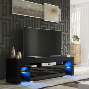 Modern 160cm Black Matt & Black Gloss TV Unit — Contemporary Media Cabinet with Glass Side Shelves & Push-to-Open Drop-Down Door