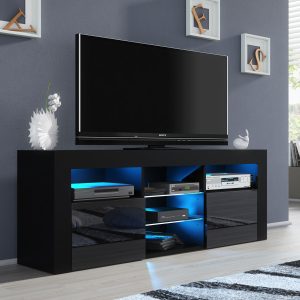 Modern 145cm Black Matt & Black Gloss TV Unit — Contemporary Media Cabinet with Glass Shelves & Push-to-Open Doors