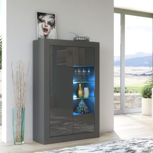 Modern 140cm Grey Matt & Grey Gloss Display Cabinet — Contemporary Storage Unit with Glass Shelves & Push-to-Open Design