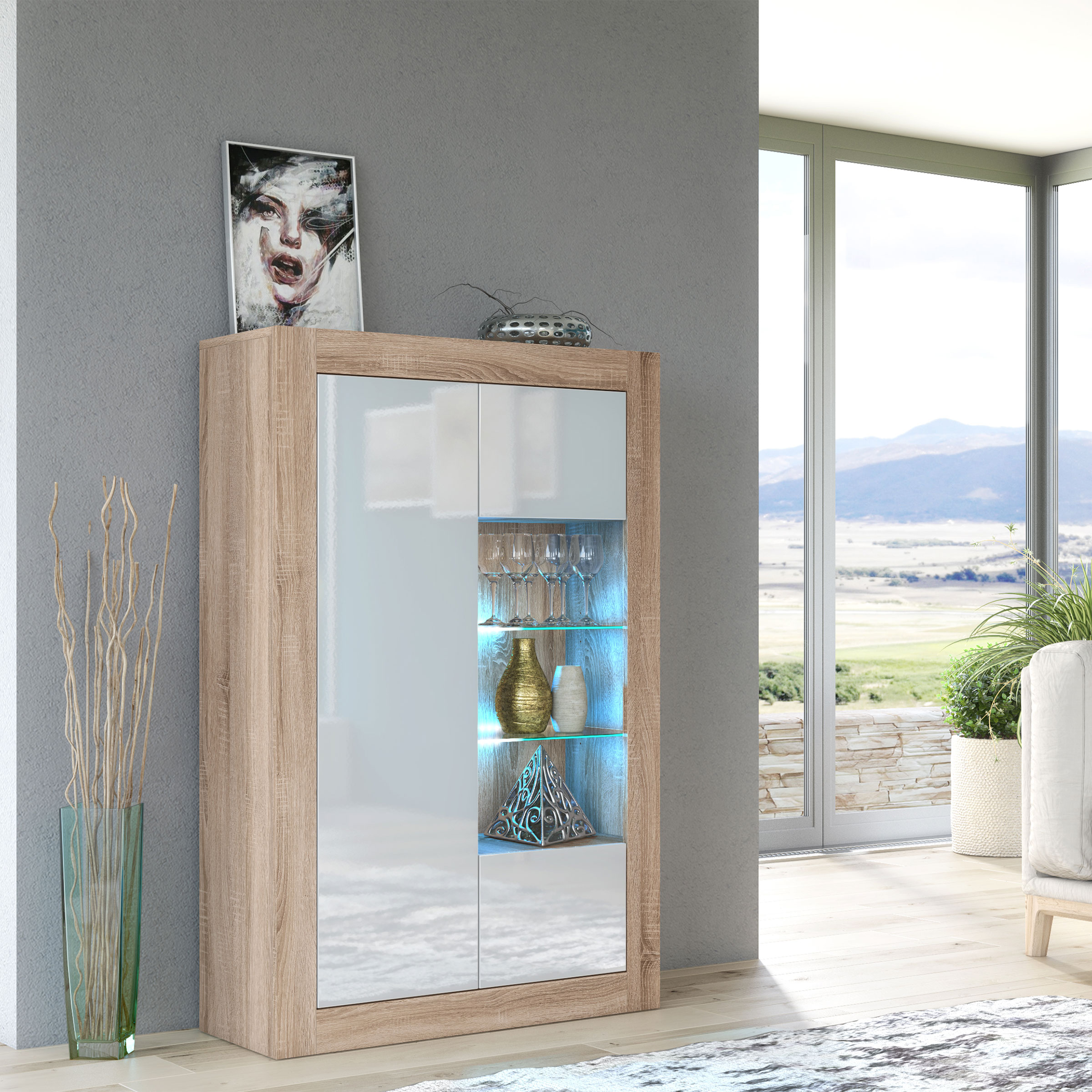 Modern 140cm Oak Matt & White Gloss Display Cabinet — Contemporary Storage Unit with Glass Shelves & Push-to-Open Design
