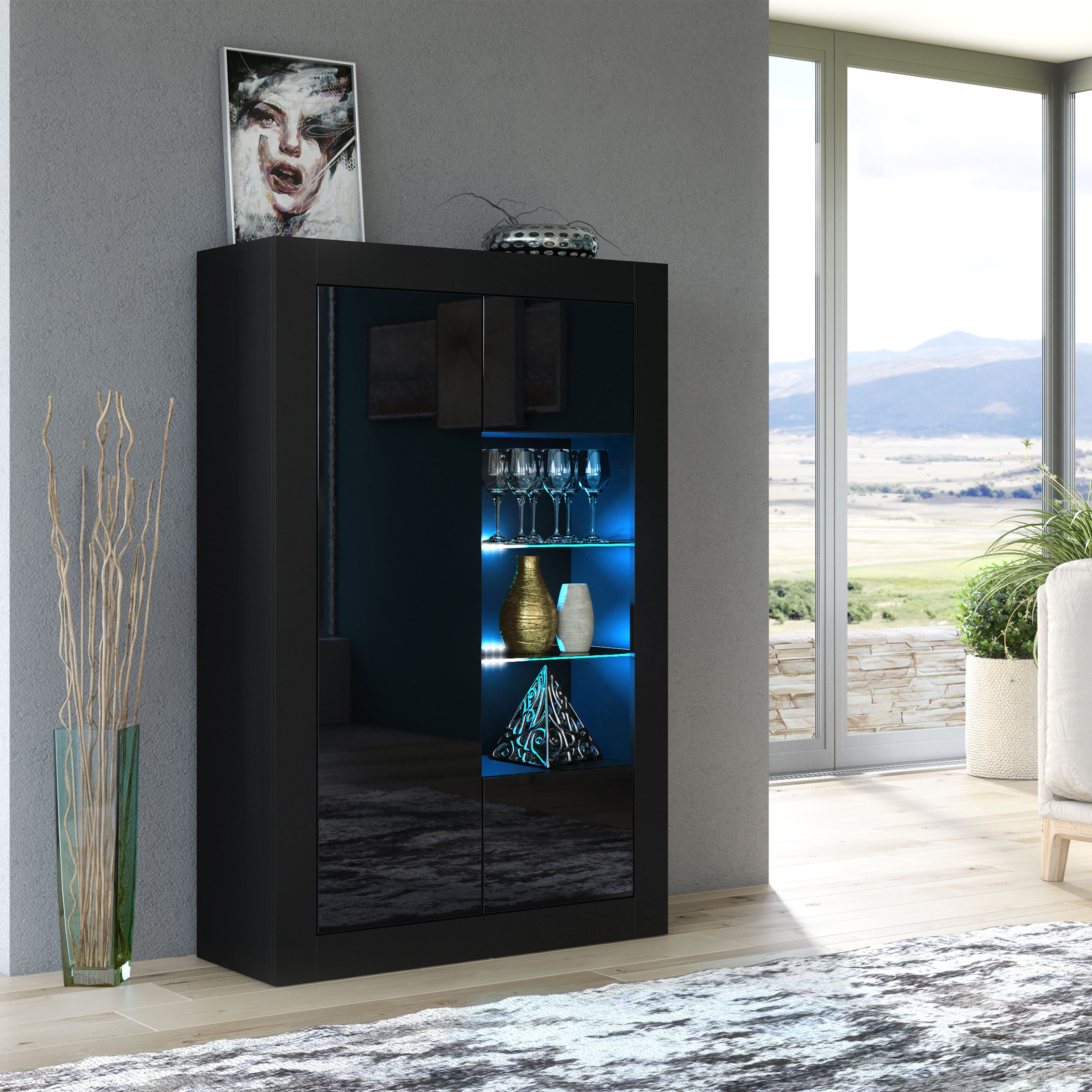 Modern 140cm Black Matt & Black Gloss Display Cabinet — Contemporary Storage Unit with Glass Shelves & Push-to-Open Design
