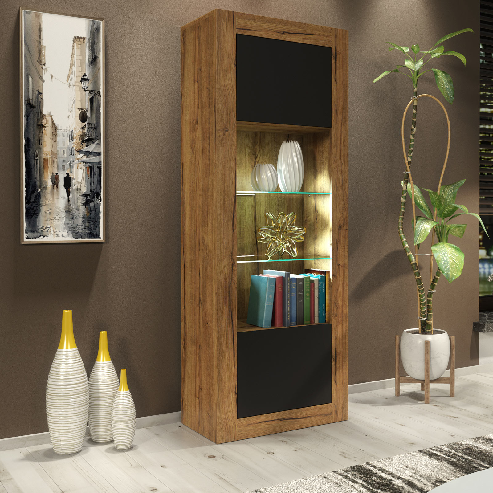 Modern 170cm Oak Matt & Black Matt Display Cabinet — Tall Storage & Glass Display Unit with Push-to-Open Doors