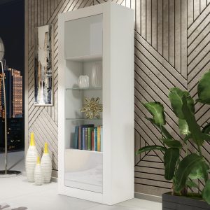 Modern 170cm White Matt & White Gloss Display Cabinet — Tall Glass Display Unit with Push-to-Open Doors & Practical Storage