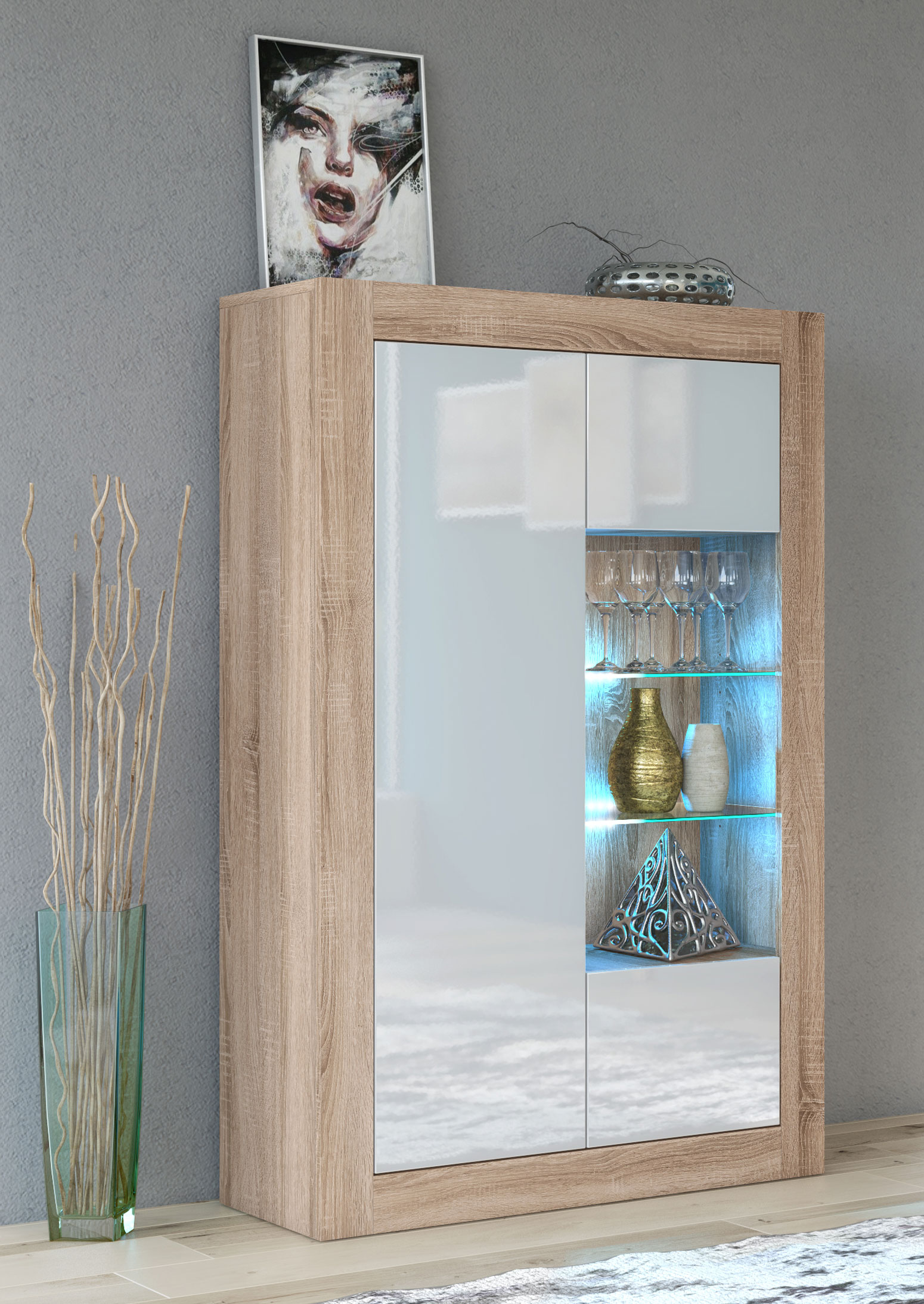 Modern 140cm Oak Matt & White Gloss Display Cabinet — Contemporary Storage Unit with Glass Shelves & Push-to-Open Design - Image 3