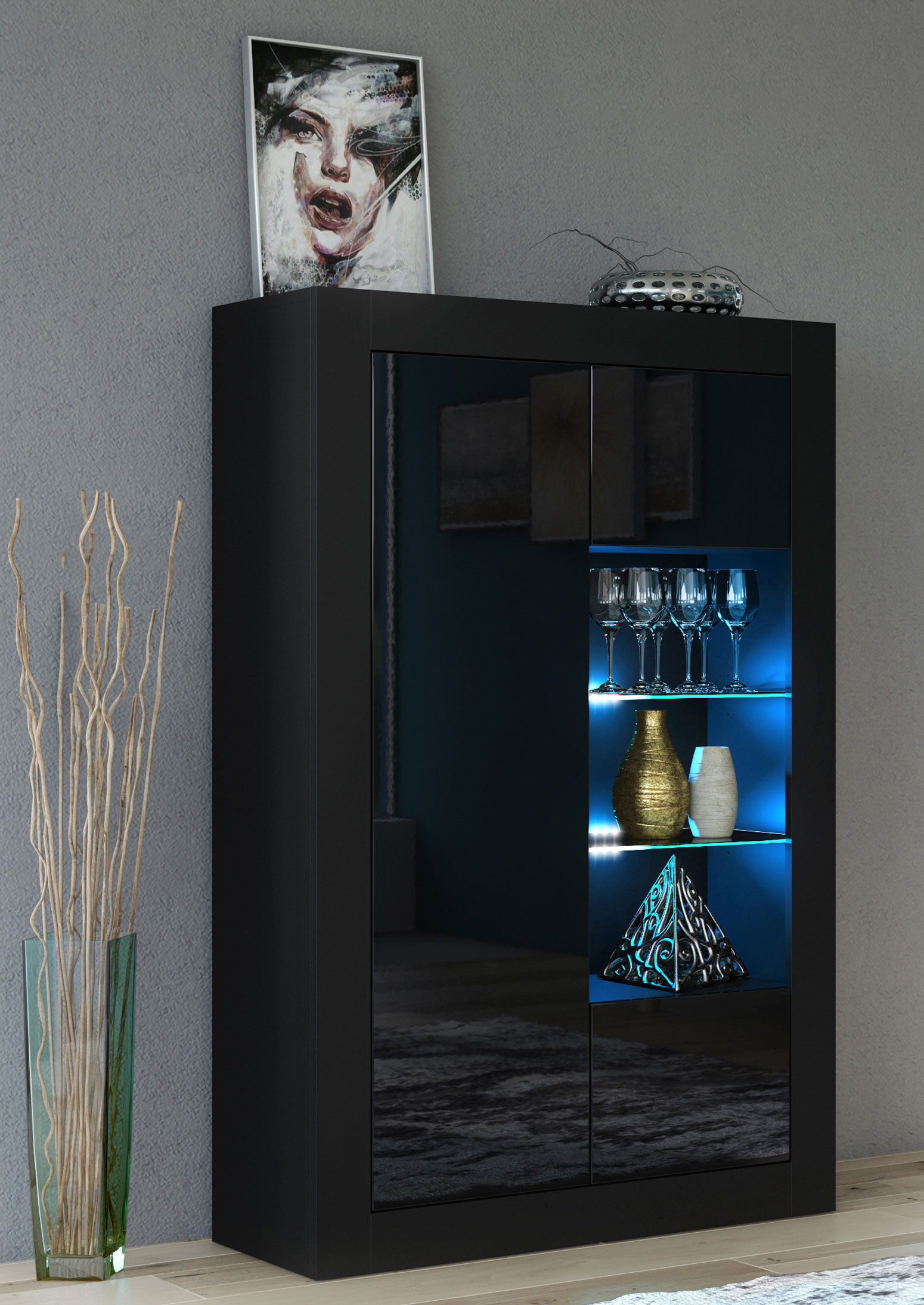 Modern 140cm Black Matt & Black Gloss Display Cabinet — Contemporary Storage Unit with Glass Shelves & Push-to-Open Design - Image 3
