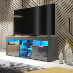 Modern 145cm Grey Matt & Grey Gloss TV Unit — Contemporary Media Cabinet with Glass Shelves & Push-to-Open Doors