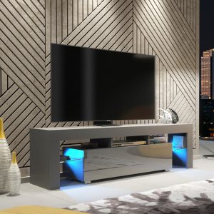 Modern 160cm Grey Matt & Grey Gloss TV Unit — Contemporary Media Cabinet with Glass Side Shelves & Push-to-Open Drop-Down Door