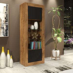 Modern 170cm Oak Matt & Black Matt Display Cabinet — Tall Glass Display Unit with Push-to-Open Doors & Smart Storage