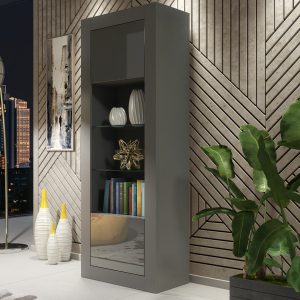 Modern 170cm Grey Matt & Grey Gloss Display Cabinet — Tall Glass Display Unit with Push-to-Open Doors & Practical Storage