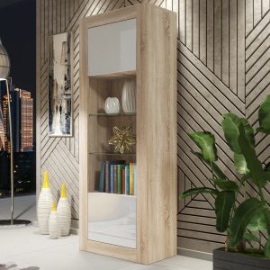 Modern 170cm Oak Matt & White Gloss Display Cabinet — Tall Glass Display Unit with Push-to-Open Doors & Practical Storage