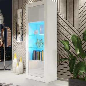 Modern 170cm White Matt & White Gloss Display Cabinet — Tall Glass Display Unit with Push-to-Open Doors & Generous Storage