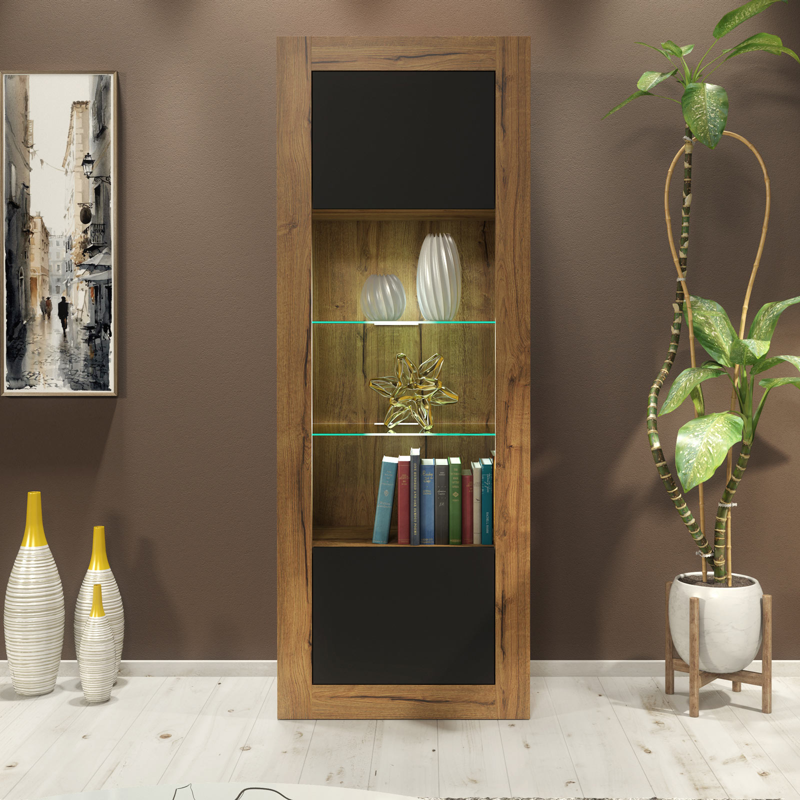 Modern 170cm Oak Matt & Black Matt Display Cabinet — Tall Storage & Glass Display Unit with Push-to-Open Doors - Image 2
