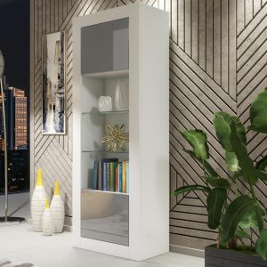 Modern 170cm White Matt & Grey Gloss Display Cabinet — Tall Glass Display Unit with Push-to-Open Doors & Practical Storage