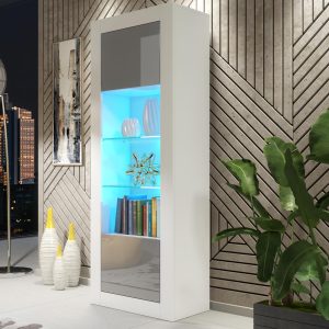 Modern 170cm White Matt & Grey Gloss Display Cabinet — Tall Glass Display Unit with Push-to-Open Doors & Practical Storage