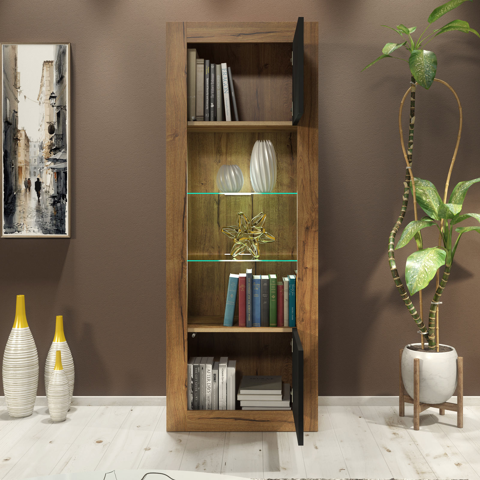 Modern 170cm Oak Matt & Black Matt Display Cabinet — Tall Storage & Glass Display Unit with Push-to-Open Doors - Image 3