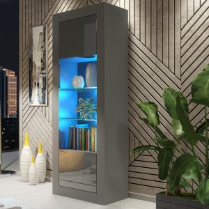 Modern 170cm Grey Matt & Grey Gloss Display Cabinet — Tall Glass Display Unit with Push-to-Open Doors & Practical Storage
