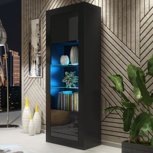 Modern 170cm Black Matt & Black Gloss Display Cabinet — Tall Glass Display Unit with Push-to-Open Doors & Practical Storage