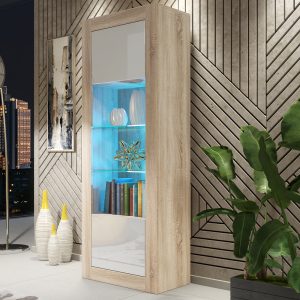Modern 170cm Oak Effect & White Gloss Display Cabinet — Tall Glass Display Unit with Push-to-Open Doors & Smart Storage