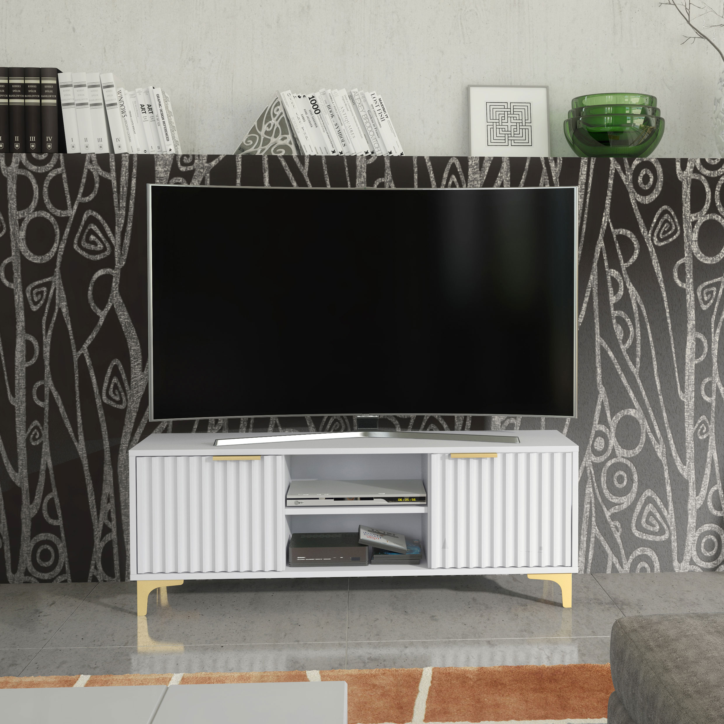 120cm White Fluted TV Unit with Gold Handles & Gold Legs – Modern Ribbed Media Cabinet - Image 2