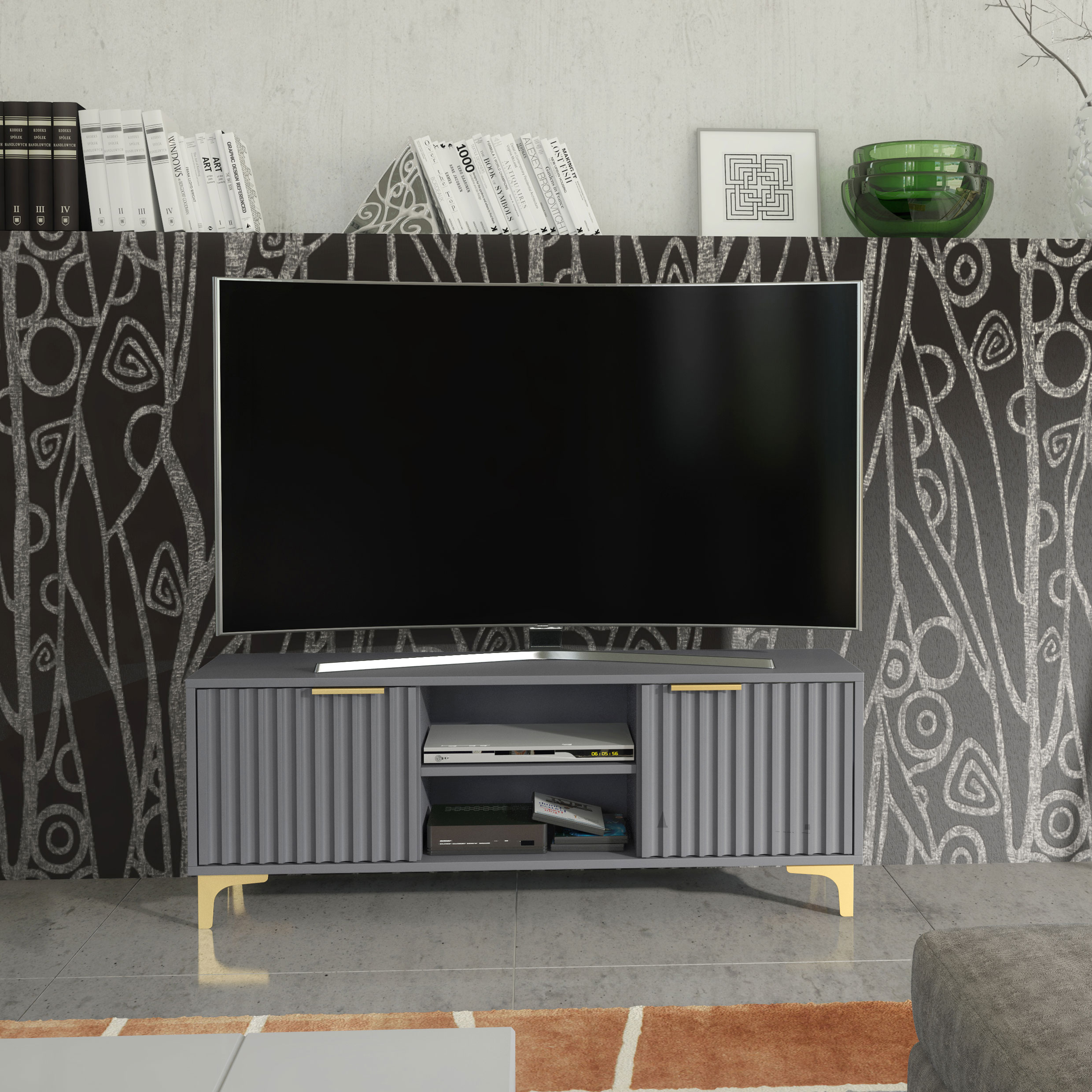 120cm Grey Fluted TV Unit with Gold Handles & Gold Legs – Modern Ribbed Media Cabinet - Image 2