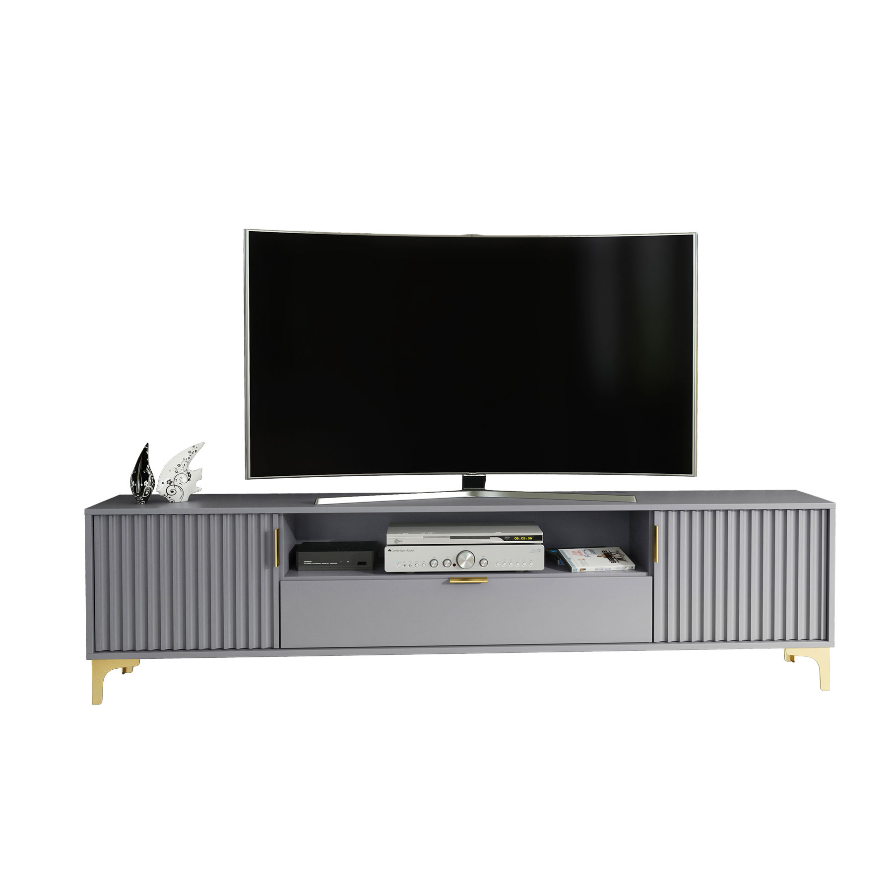 200cm Fluted TV Unit Grey & Gold – Large Modern Media Console with Drawer & Shelf, Ribbed Doors, Gold Handles & Legs - Image 5
