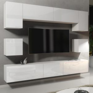 Modern 242cm White Matt & White Gloss Wall Unit – 9 Piece Modular TV Living Room Set