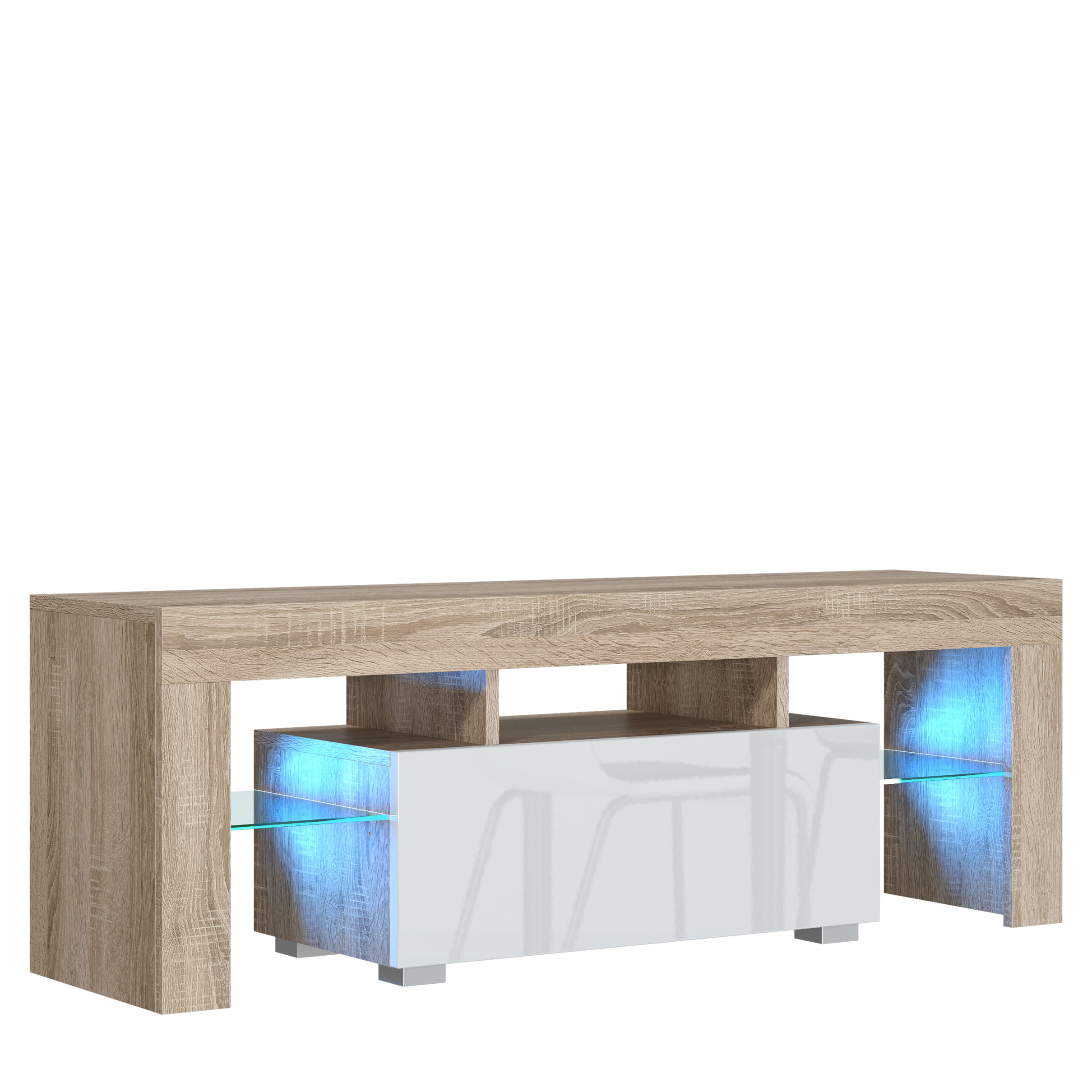 130cm Oak Matt & White Gloss TV Unit with Glass Shelves, Drop-Down Storage & Push-to-Open Doors - Image 3