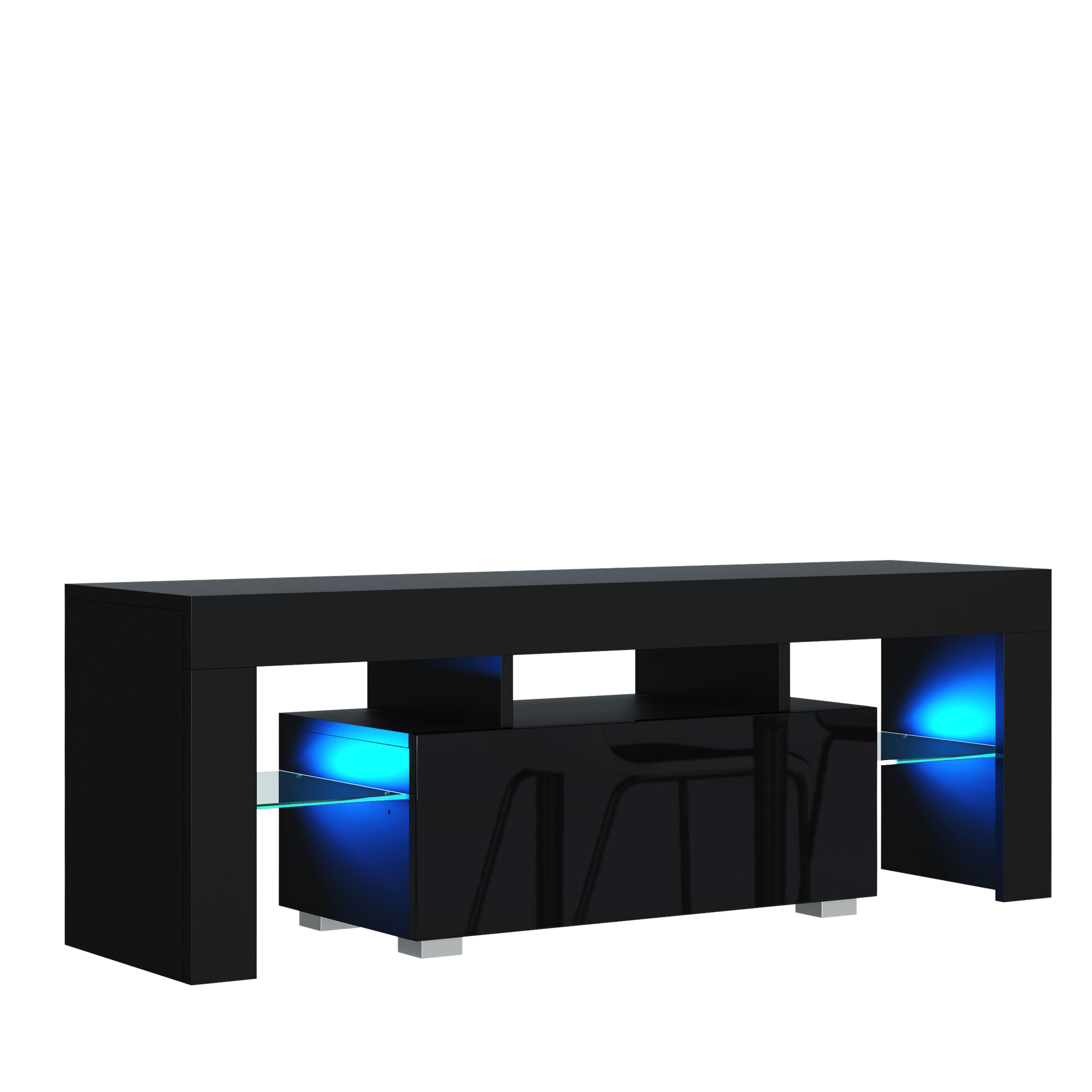 130cm Black Matt & Black Gloss TV Unit with Glass Shelves, Drop-Down Storage & Push-to-Open Doors - Image 5