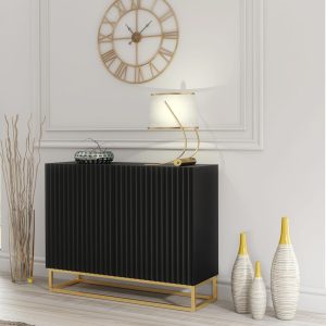 Black Matt Ribbed Sideboard Cabinet 100cm with Gold Frame Base – Push to Open Modular Storage Unit