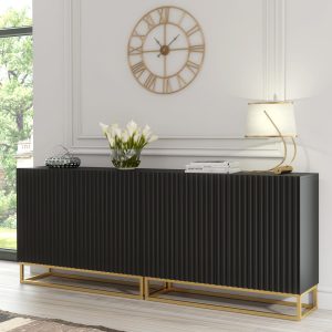 Black Matt Ribbed Sideboard Cabinet 200cm with Gold Frame Base – Modular Push to Open Storage Unit