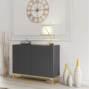 Grey Matt Ribbed Sideboard Cabinet 100cm with Gold Frame Base – Push to Open Modular Storage Unit