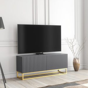 Grey Ribbed TV Unit 100cm – Matt Finish with Gold Frame – Modular Storage Cabinet