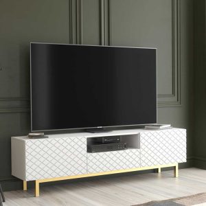 180cm Modern White Matt TV Unit with Diamond Pattern Fronts – Push-to-Open Doors & Drawer – Contemporary Media Console