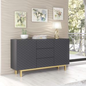 Grey Matt Diamond Front Sideboard Cabinet 140cm – Modern Push to Open Storage Unit with Gold Legs