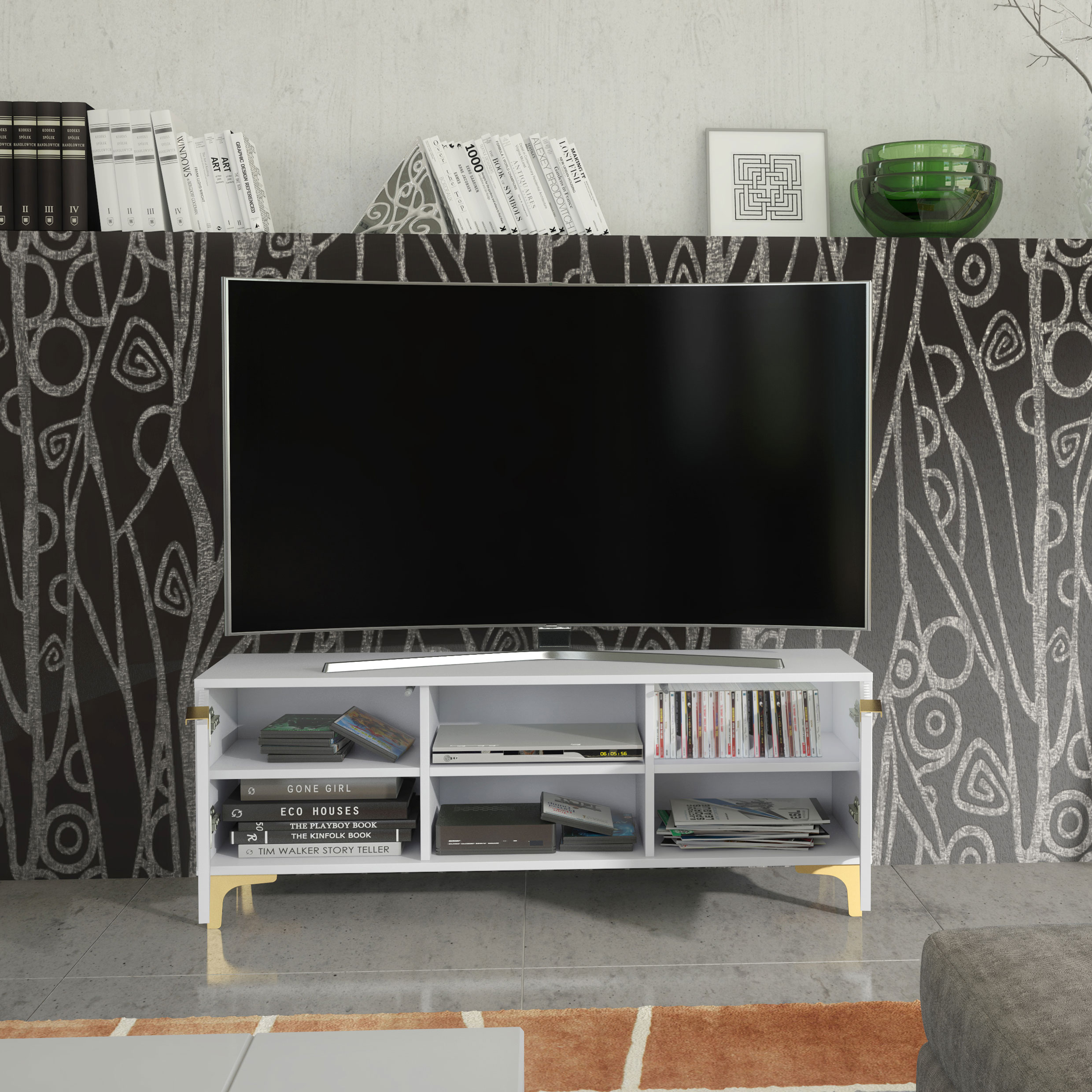 120cm White Fluted TV Unit with Gold Handles & Gold Legs – Modern Ribbed Media Cabinet - Image 3