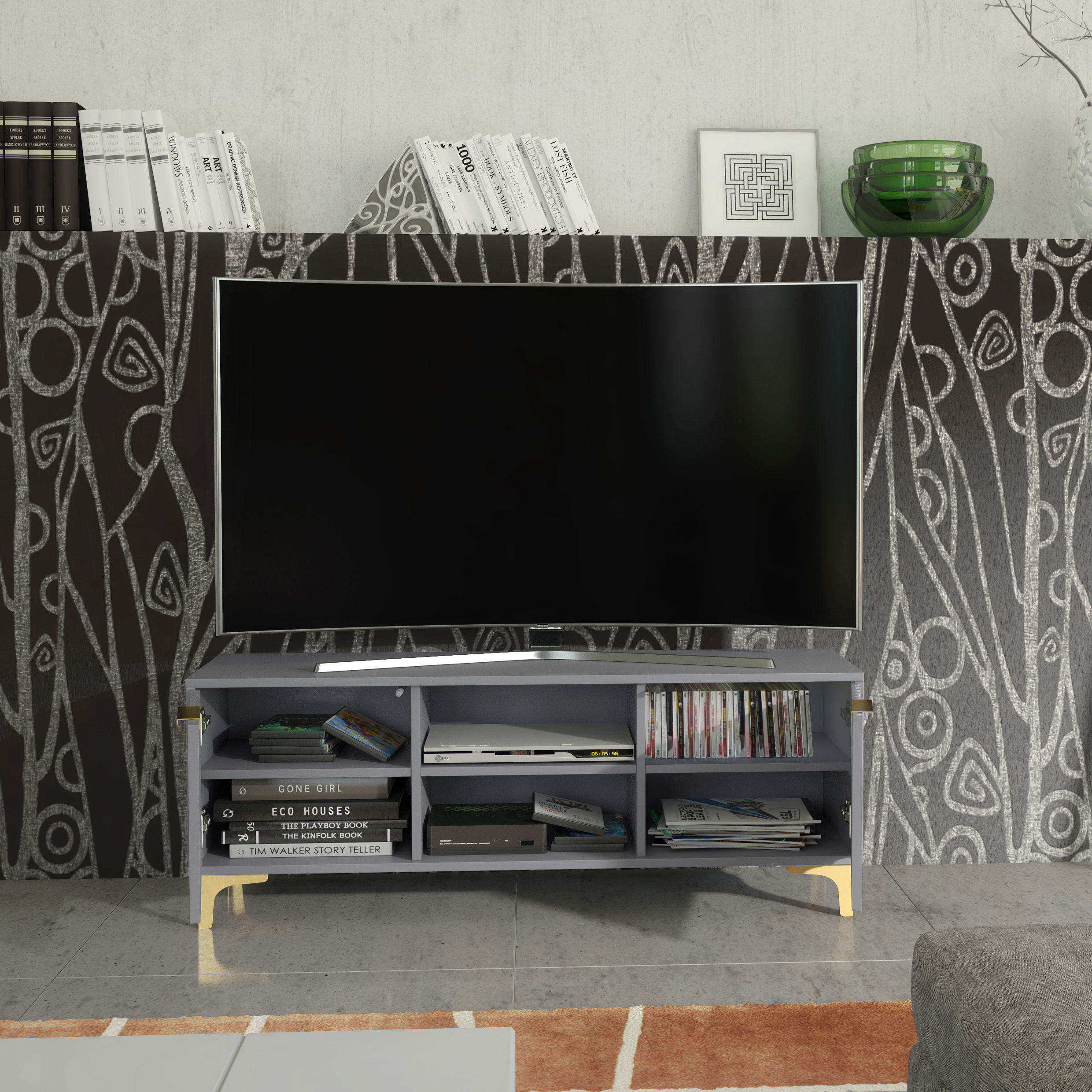 120cm Grey Fluted TV Unit with Gold Handles & Gold Legs – Modern Ribbed Media Cabinet - Image 3