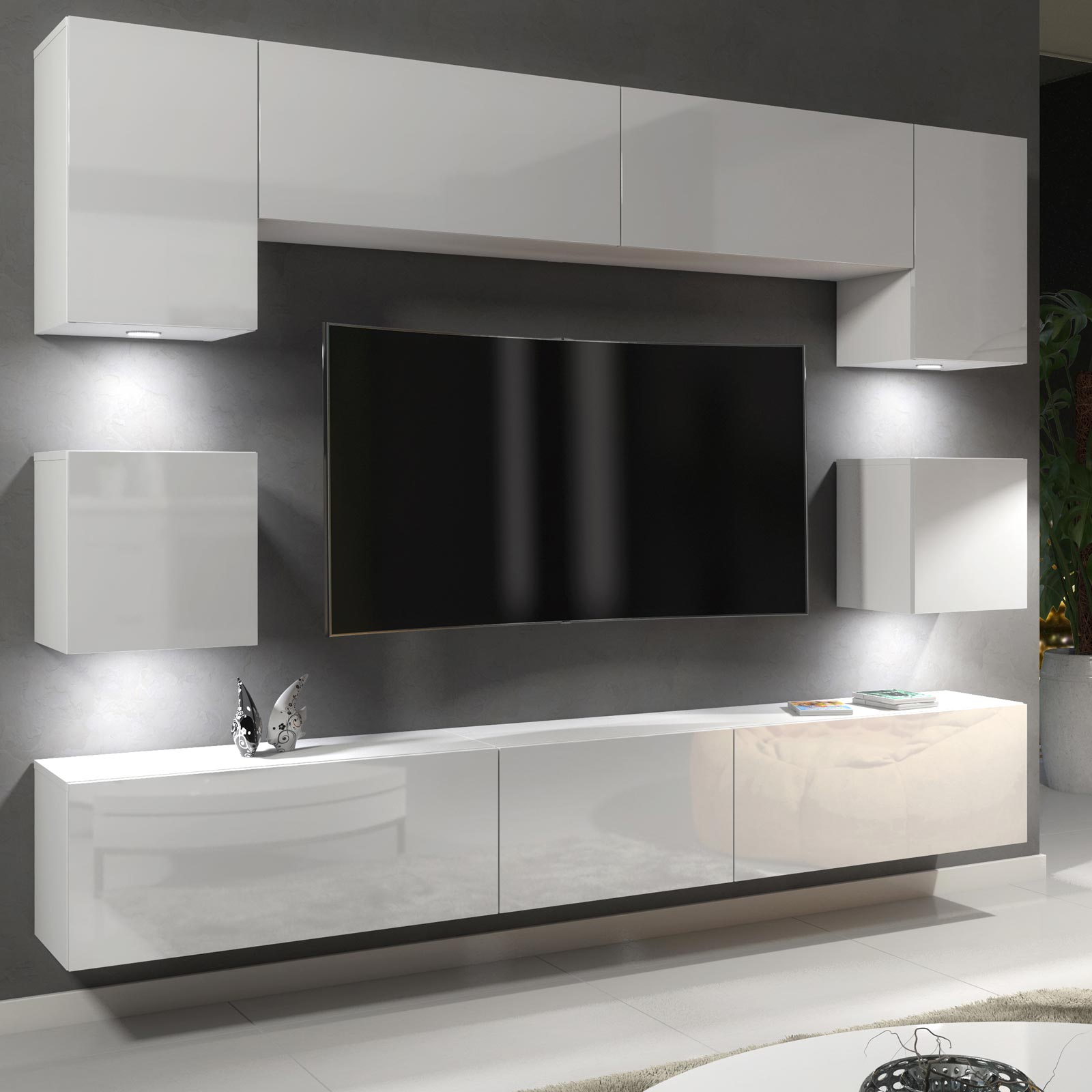 Modern 242cm White Matt & White Gloss Wall Unit – 9 Piece Modular TV Living Room Set with RGB LED Lights - Image 3