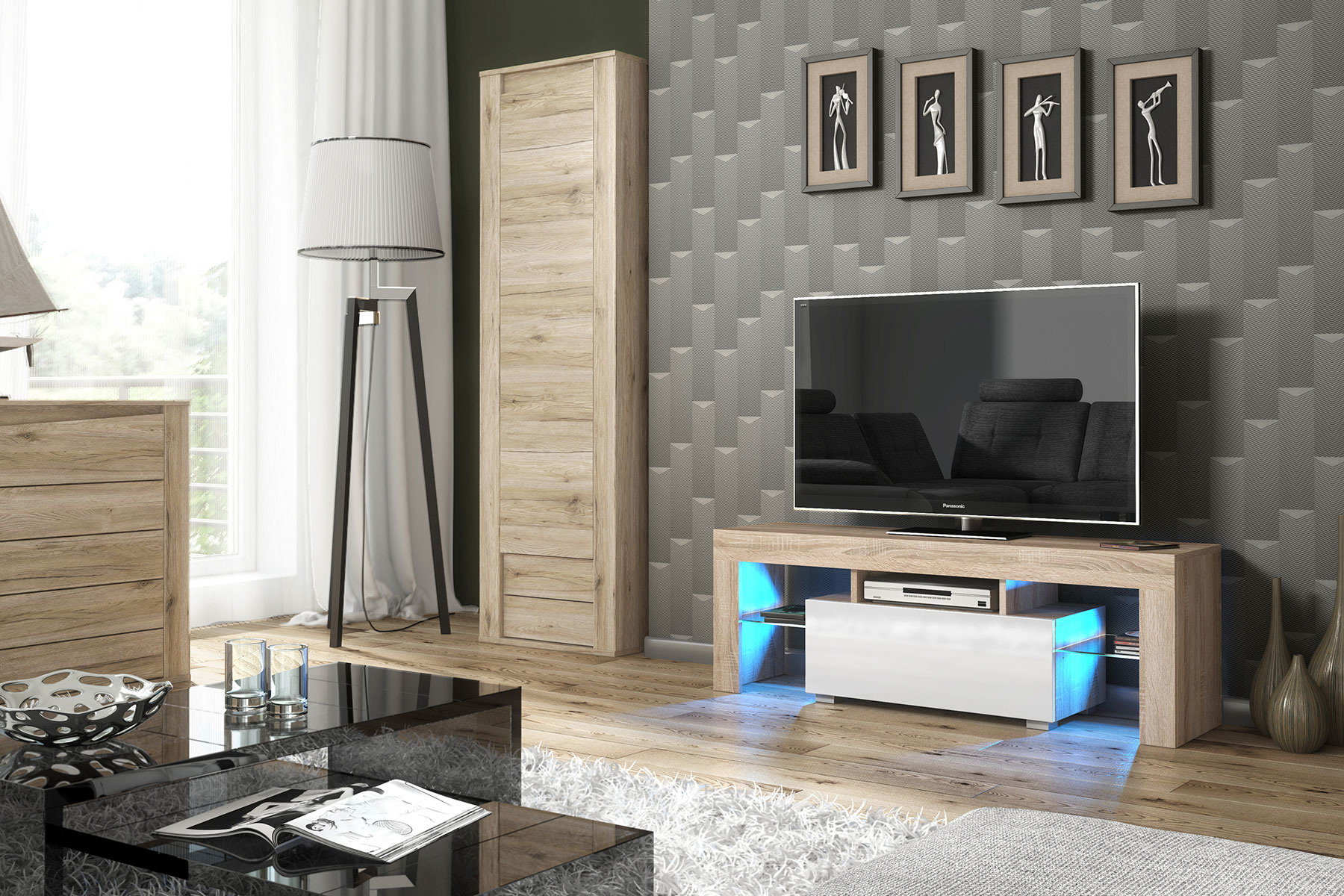 130cm Oak Matt & White Gloss TV Unit with Glass Shelves, Drop-Down Storage & Push-to-Open Doors - Image 2