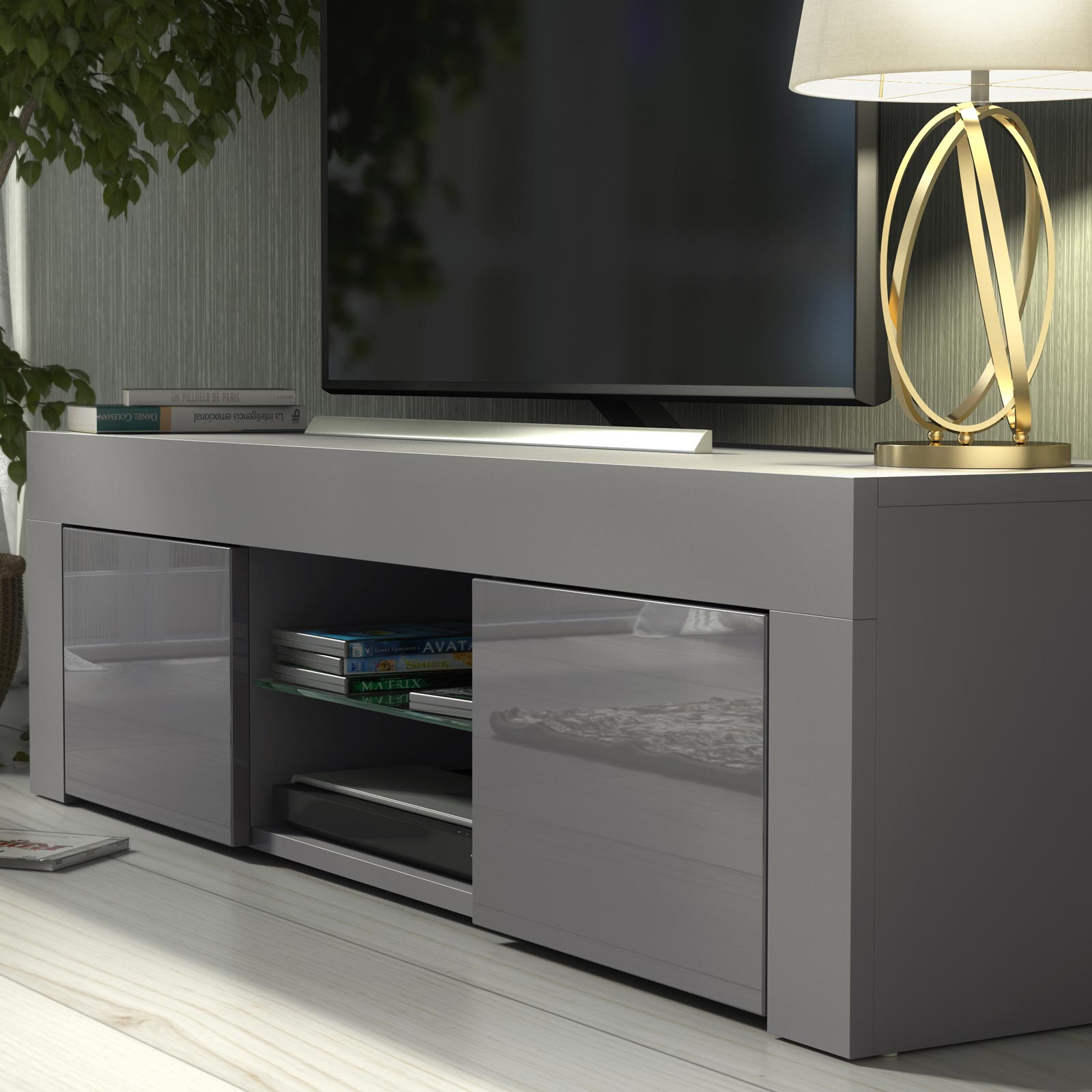 Modern 130cm Grey Matt & Grey Gloss TV Unit — Contemporary Media Cabinet with Push-to-Open Storage - Image 3