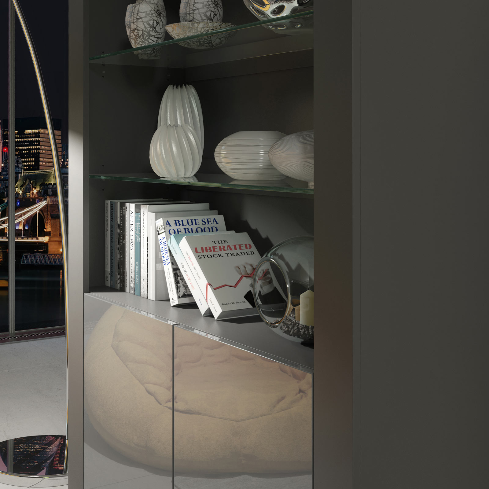 100cm Modern Display Cabinet Grey Matt & Grey Gloss, Push-to-Open Doors, Glass Shelves – Living Room Storage Unit - Image 4