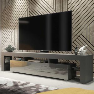 Extra-Wide 200cm Grey Matt & Grey Gloss TV Unit — Modern Media Cabinet with Glass Display, Push-to-Open Drop-Down Storage & AV Niches