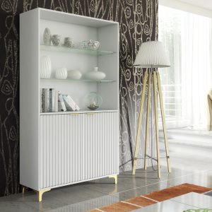 175cm White Ribbed Display Cabinet with Gold Handles & Gold Legs – Modern Fluted Storage Unit
