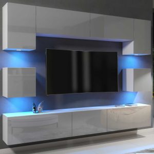 Modern 242cm White Matt & Grey Gloss Wall Unit – 9 Piece Modular TV Living Room Set with RGB LED