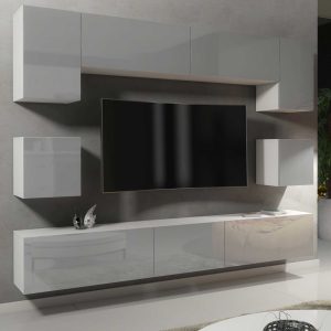 Modern Wall Unit 242cm – White Matt Body & Grey Gloss Doors – 9 Piece Modular Living Room Furniture Set