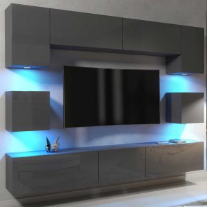 Modern 242cm Grey Matt & Grey Gloss Wall Unit – 9 Piece Modular TV Living Room Set with RGB LED