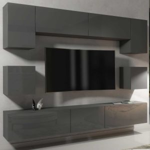 Modern 242cm Grey Matt & Grey Gloss Wall Unit – 9 Piece Modular TV Living Room Set