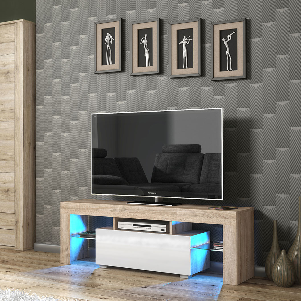 130cm Oak Matt & White Gloss TV Unit with Glass Shelves, Drop-Down Storage & Push-to-Open Doors