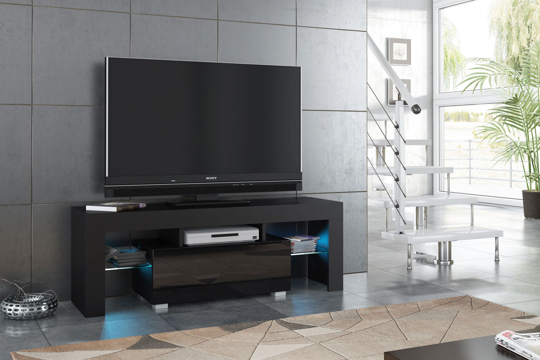 130cm Black Matt & Black Gloss TV Unit with Glass Shelves, Drop-Down Storage & Push-to-Open Doors - Image 4