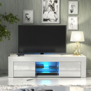 Modern 130cm White Matt & White Gloss TV Unit — Contemporary Media Cabinet with Push-to-Open Storage