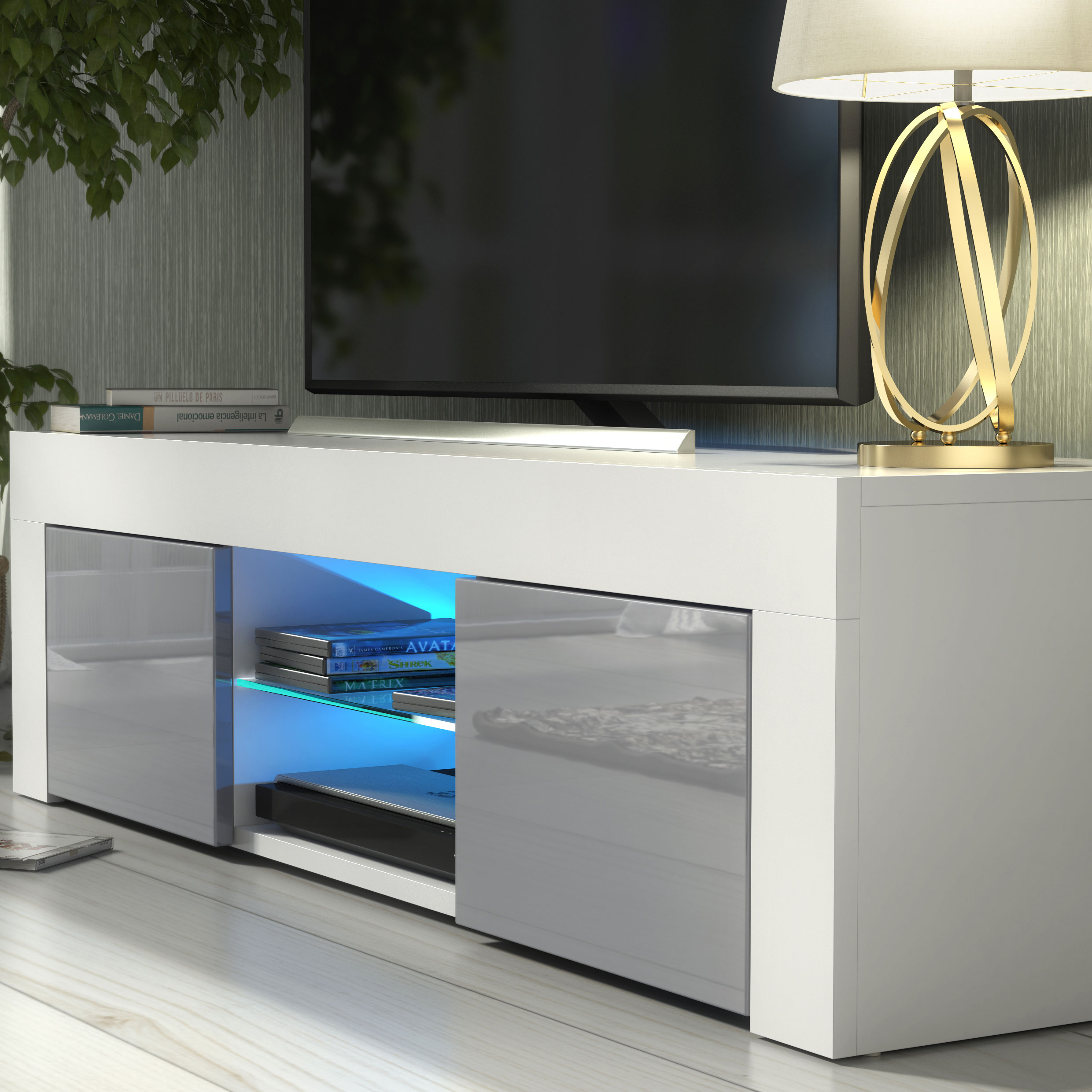 Modern 130cm White Matt & Grey Gloss TV Unit — Contemporary Media Cabinet with Push-to-Open Storage - Image 4